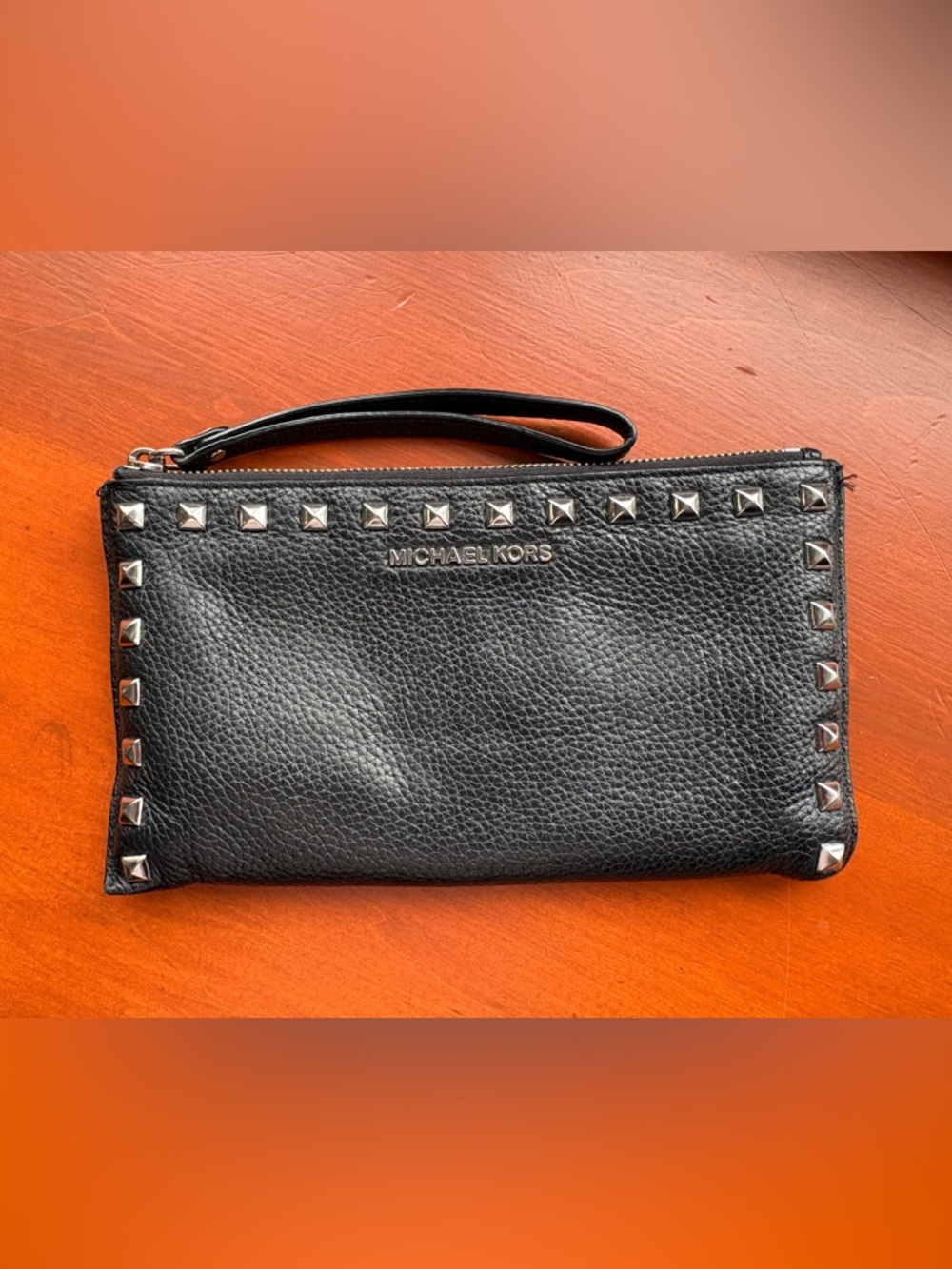 Michael Kors Black Leather Studded Wristlet with Silver Hardware
